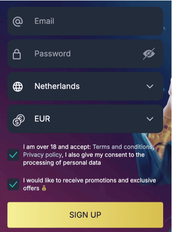 Registration at Monixbet casino